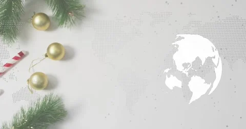 Starting on dotted map, rotating globe spinning clockwise showing holiday scene Stock Footage 317773101
