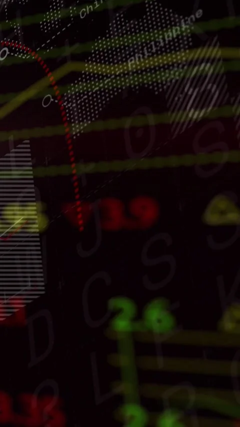 Starting dotted world-map, market overlay shifting and updating on dark display Stock Footage 330509531