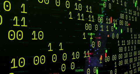 Starting drifting binary digits, ribbon forming bars, area graph and grid Stock Footage 312481599