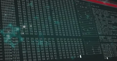 Starting with drifting network nodes, terminal window scrolling hex and ASCII Stock Footage 309807904