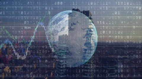 Starting dusk skyline, binary code drifting over rotating globe, rising chart 動画素材 311604441