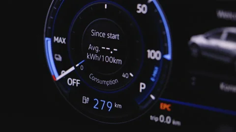 Starting electric car engine. Tachometer Gauge of Starting and Stopping Car Stock Footage 211030427