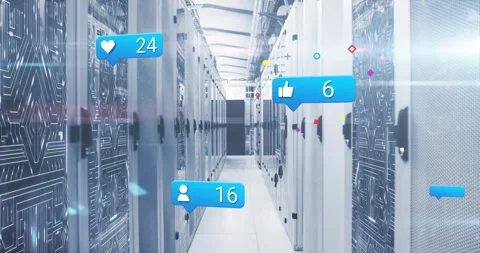Starting empty server corridor, thumbs-up bubble floating then icon bubbles Stock Footage 309681094