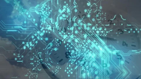 Starting from faint clock face circuit overlay pulsing turquoise nodes and Stock Footage 328005625