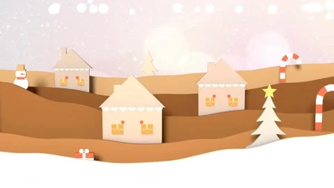 Starting with falling snow, decor elements sliding in, creating winter village Stock Footage 340674921