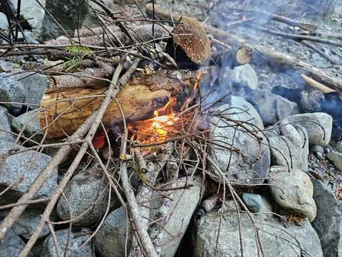 Starting a fire in a campground fire pit in the pine forests of Washington State Stock Photos