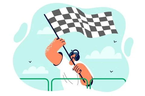Starting flag in hands of man announcing start of race and giving signal to Stock Illustration