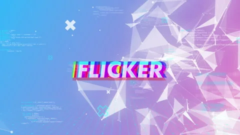 Starting FLICKER text glitching on blue to pink gradient, pulsing triangular Stock Footage 311474613