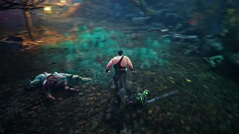 Starting a forest map level in a modern mockup fake adventure video game Stock Footage 277721646
