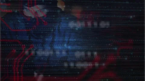 Starting with glitch lines streaming, red circuit sliding pulsing binary bits Stock Footage 310972592