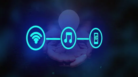 Starting glowing arc and dot, hands emerging holding bulb, three icons hovering 動画素材 314708058