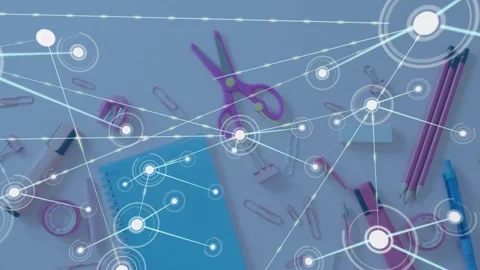 Starting with glowing node at center, flat-lay stationery forming network Video stock 317369716