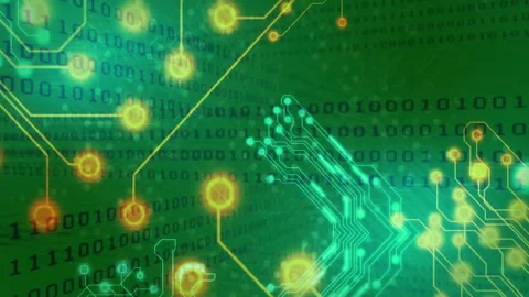 Starting on green code field turquoise-gold circuit traces expanding pulsing and Stock Footage 311508666