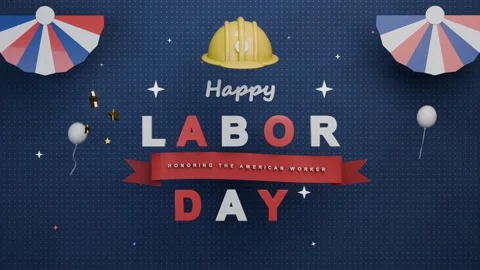 Starting greeting revealing hard hat, LABOR DAY ribbon on navy backdrop honoring Stock Footage 340268224