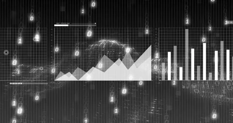 Starting with line chart emerging, binary code cascading expanding area or bar Stock Footage 312657222