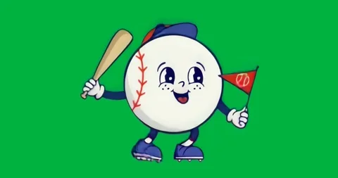 Starting looping walk baseball character swinging bat waving pennant stepping on Stock Footage 317213333