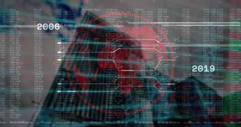 Starting low-angle skyscraper glitching and pulsing red globe updating year city Stock Footage 314173723