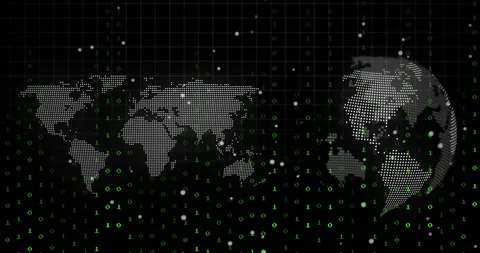 Starting map and rotating globe, streaming binary scrolling text and drifting Stock Footage 312829370