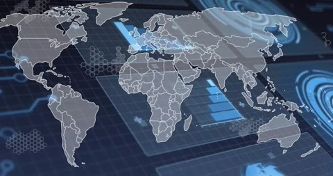 Starting map outline, panels sliding, bars rising, hex pulsing and radar circles Stock Footage 320288095