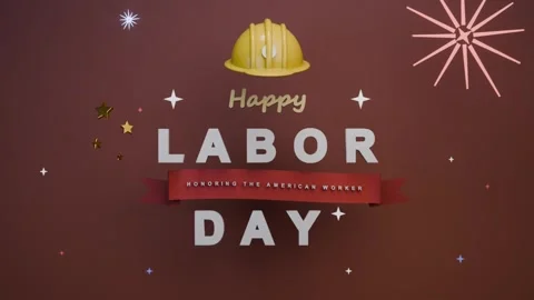 Starting maroon backdrop, card forming LABOR DAY, Happy hard hat, red ribbon Stock Footage 340268238