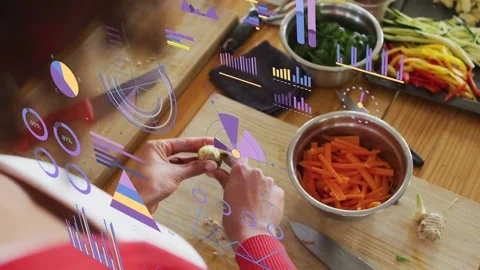 Starting meal prep, man peeling ginger on cutting board while HUD charts Stock Footage 332981968