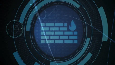 Starting navy drifting particles, teal segmented rings rotating around firewall Stock Footage 311416834