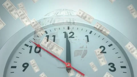 Starting near nine, red second hand moving to 12, dollars falling over globe, Stock Footage 329594265