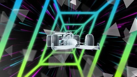 Starting as neon frames receding, wireframe car advancing, scaling, rotating, Stock Footage 338365864