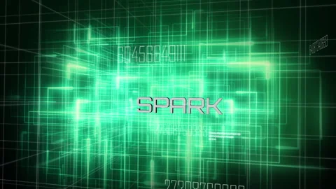 Starting neon-green grid emerging in digital matrix with central SPARK logo and Stock Footage 311475229