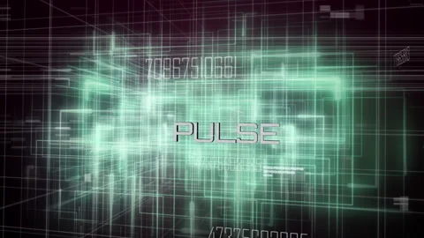 Starting neon green wireframe grid forming in data space, revealing PULSE logo Stock Footage 311475234