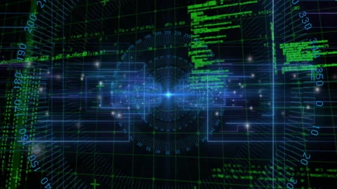 Starting neon grid, blue dot appearing, code streaming, ring morphing into disc Vidéo 313149396