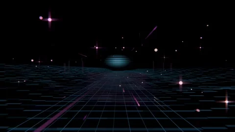 Starting neon grid scrolling evoking motion in digital plane, teal orb pulsing, Stock Footage 341889671