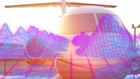 Starting neon wireframe mountains, camera dollying, jet nose emerging, glinting Video stock 310429033