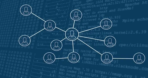 Starting network graph cycling ear, silhouette, swirl icons overlaying code Stock Footage 330729071