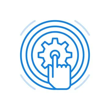 Starting optimization vector line icon. Finger turns gear in circle. 스톡 일러스트