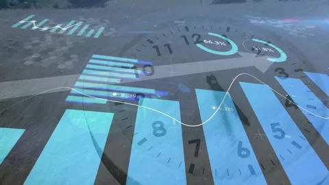 Starting overlay causing rising bars rotating clock updating gauges line graph Stock Footage 317264808