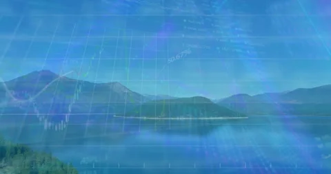 Starting panoramic alpine lake view, 3D grid emerging, pyramid rising, data Stock Footage 314473232