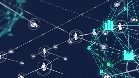 Starting with person icon extending lines linking loop icons to turquoise data Stock Footage 314085044