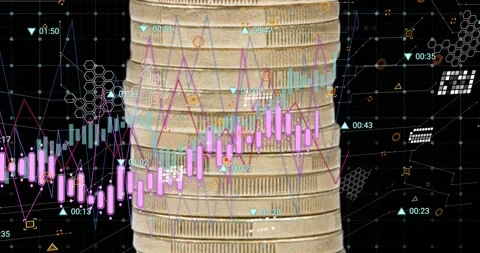 Starting pink candlesticks materializing on coin stack, teal and purple lines Stock Footage 317465759