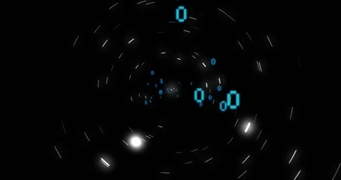 Starting playback, cyan binary digits spiraling in dark void with dotted rings Stock Footage 331161251