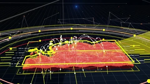 Starting playback orbiting camera showing red CHINA map on grid, arcs and yellow Stock Footage 337505124