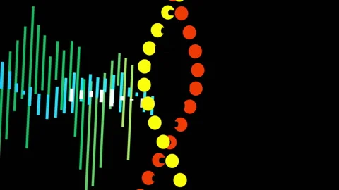 Starting playback red yellow dotted strands weaving helix bars pulsing to Video stock 312655822