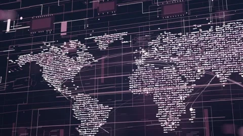 Starting playback, world map showing pulsing arcs and sliding UI blocks to Stock Footage 337141170