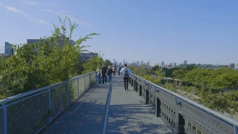 Starting point of The High Line a elevated linear park in New York Stock Footage 127942877