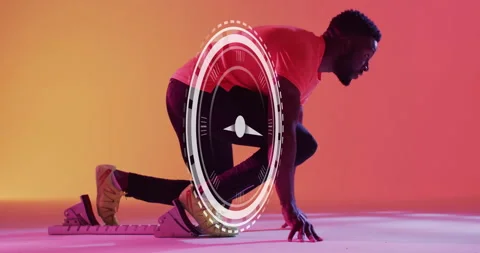 In starting position, athlete with dynamic circular animation overlay in Video stock 303585545