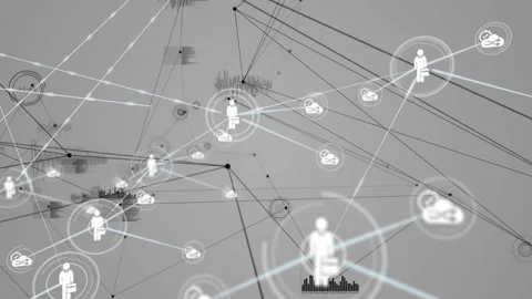 Starting pulse, core node sending beam in gray field linking briefcase icons 스톡 동영상 331006088