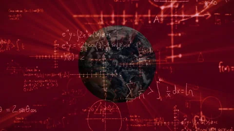 Starting with red backdrop showing math, Earth expanding, rotating, symbols Stock Footage 311584718