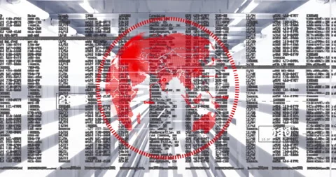 Starting red map fading digital globe rotating in scan ring as code columns Video stock 310319570