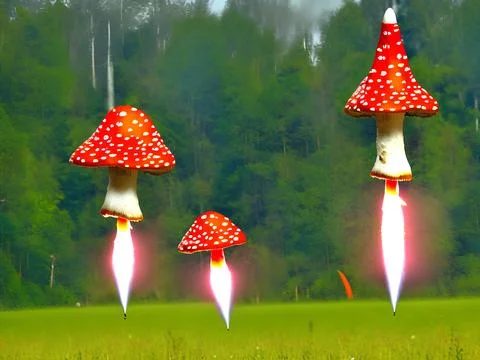 Starting rockets with shape and colour of Fly agaric mushrooms Illustrazione stock