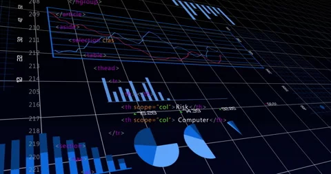 Starting rotating cybersecurity dashboard revealing HTML tags and animating Stock Footage 310318116